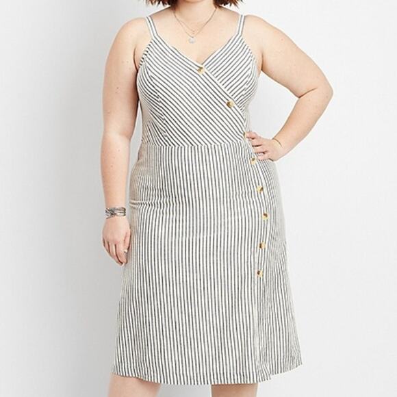 Maurices Stripe Button Front Faux Wrap Dress Adjustable Strap Smocked Back Sz: L - Picture 1 of 9